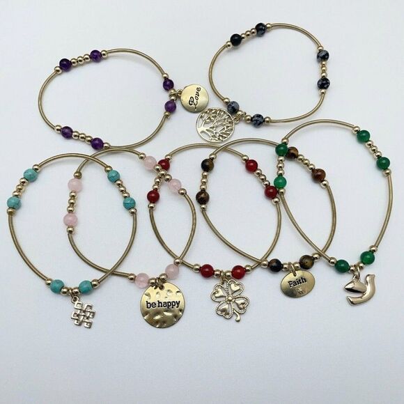 R.L. Graziano Inspire 7 pc Stretch Bracelets Semi Precious Gemstones Charms - Picture 4 of 7